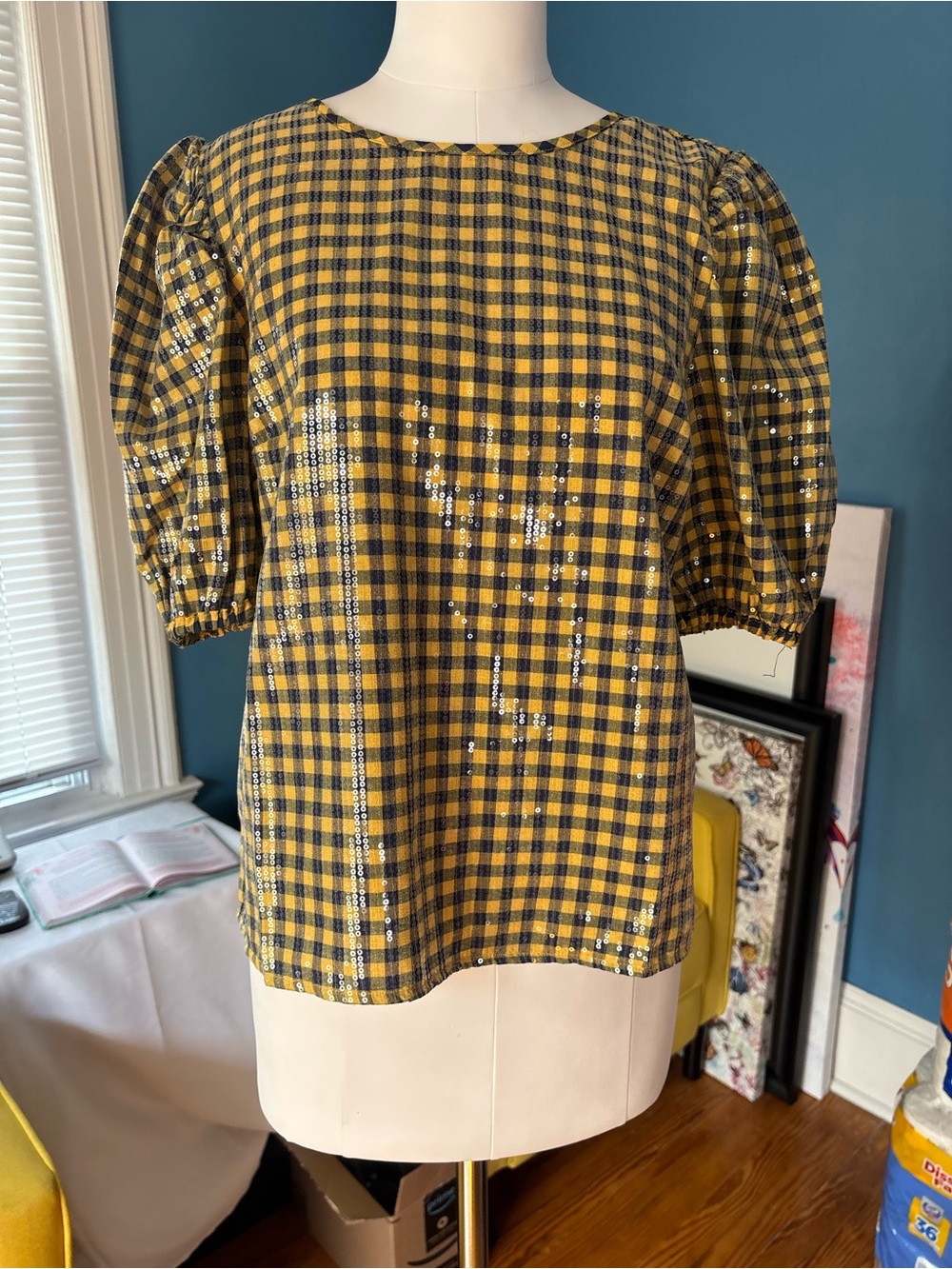 English Factory Yellow Blue and green Gingham Puff Sleeve Sequin Top
